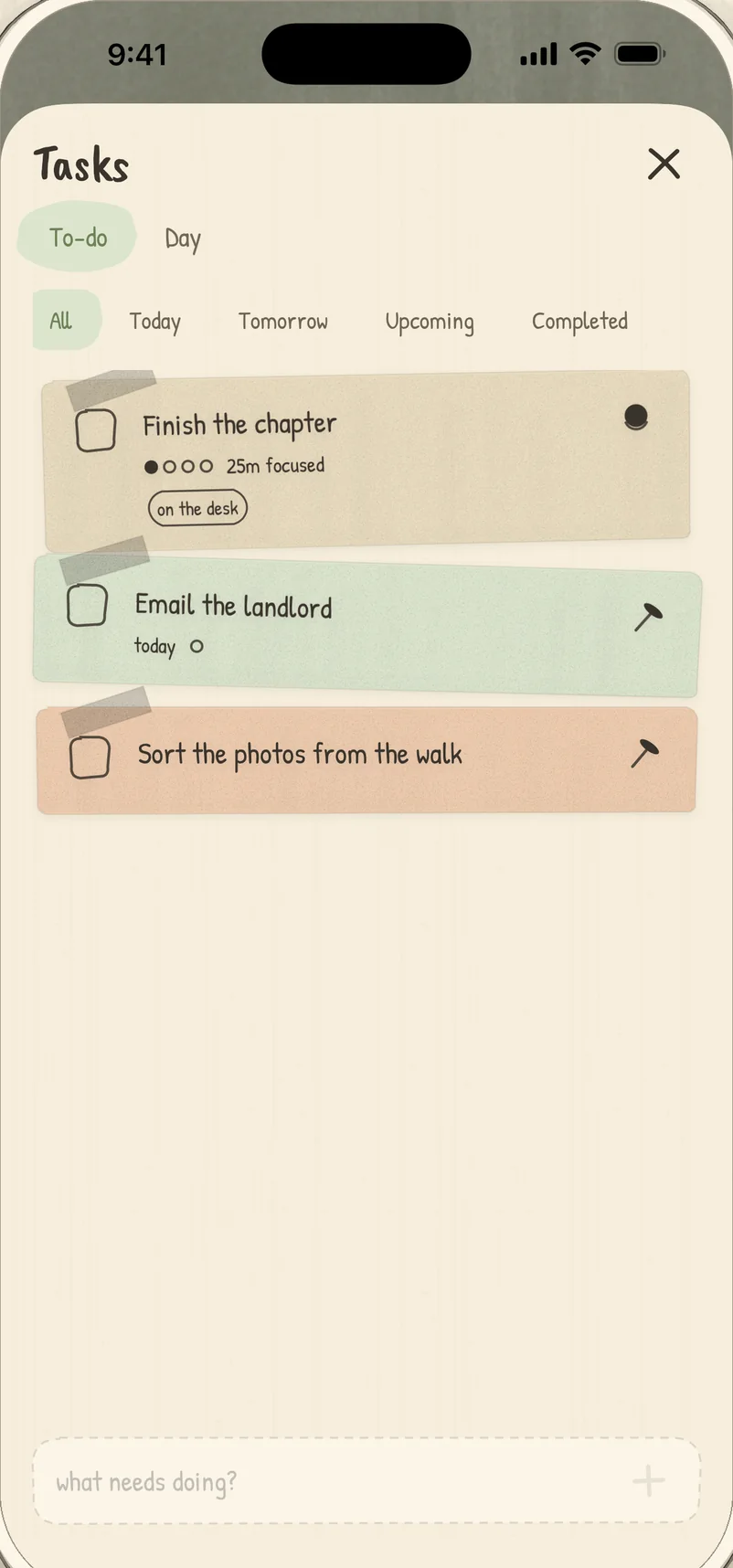 The Tasks screen: three sticky notes, the first pinned to the desk with one of four session dots filled.